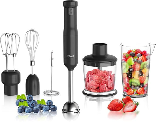 Rosewill 6-in-1 Multi-Speed Cordless Rechargeable Immersion Hand Blender, Heavy Duty Motor - Stick Blender, Beaker, Whisk, Chopper, Dual Beater, Milk Frother - For Smoothies, Baby Food, Soup - Black
