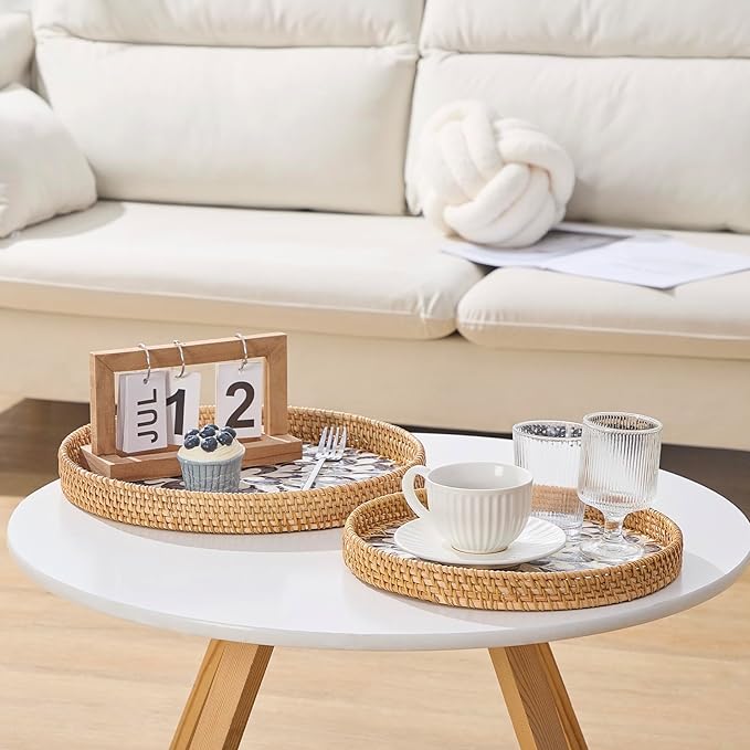 Round Rattan Tray with Mother of Pearl Inlay, Rattan Serving Tray with Wooden Base, Decorative Wicker Basket for Table Decor, Storage and Display of Coffee Bread Food Fruit (Plume 13.5")
