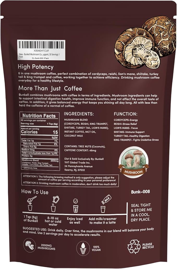 Mushroom Coffee, Adaptogenic 6 Mushrooms with Lion's Mane, Reishi, Cordyceps, Shiitake, King Trumpet & Turkey Tail, Instant Coffee Powder for Energy, Digestion & Immune Support, 30 Servings