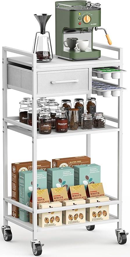 Housolution 4-Tier Coffee Bar Cart with Storage, 33" H Coffee Station Cabinet with Pod Drawers for Nespresso Vertuo, Mini Toaster Oven Stand Table for Home, Kitchen, Living Room (White + Grey)
