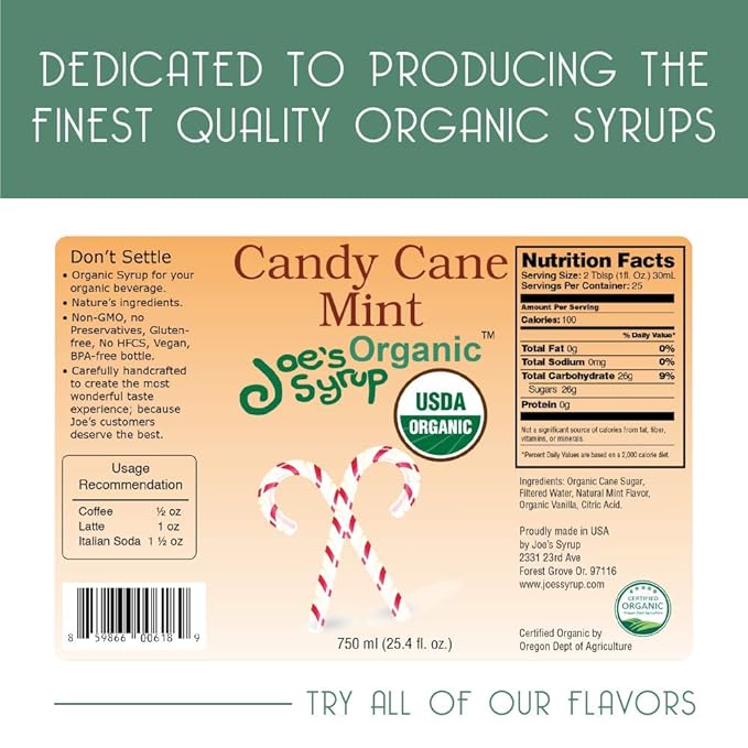 Joe’s Syrup Organic Flavored Syrup, Organic Candy Cane Mint, 750 ml (3 Pack)