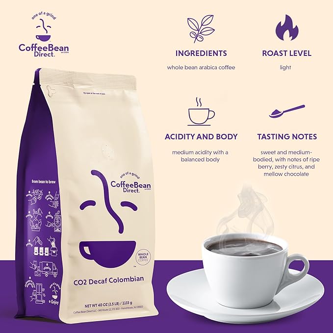 Coffee Bean Direct CO2 Decaf Colombian, Whole Bean Coffee, Light Roast, 2.5 Pound Bag (Pack of 1)