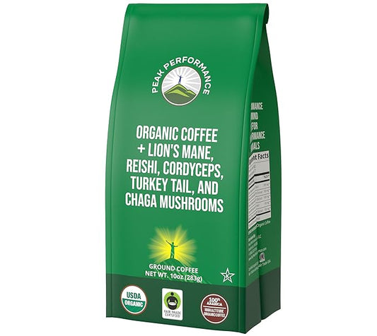 Organic Low Acid Mushroom Coffee with Lion's Mane, Reishi, Cordyceps, Turkey Tail, and Chaga Mushrooms - Great Tasting Premium High Altitude Medium Roast Ground Bags 10 oz by Peak Performance