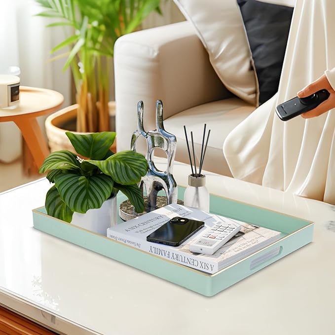 MAONAME Mint Green Serving Tray with Handles, Modern Decorative Trays for Coffee Table, Plastic Rectangular Trays for Ottoman, Bathroom, Decor, 15.8” x 10.2” x 1.4"