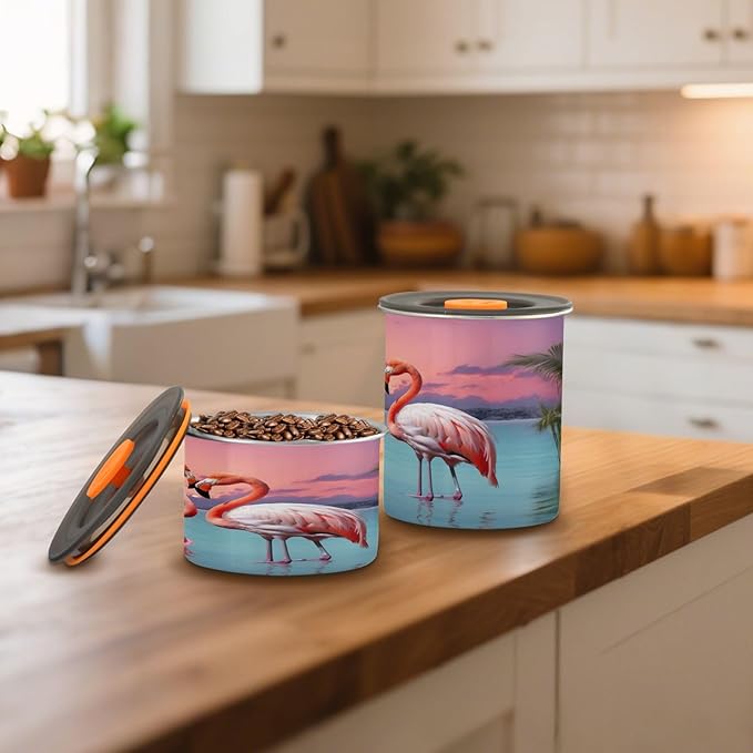 YETTASBIN Flamingo Airtight Food Storage Containers 500ml/19oz, Stainless Steel Coffee Canisters with Vacuum-Lock Lid for Kitchen Organization, Coffee Bean, Tea, Sugar, Flour