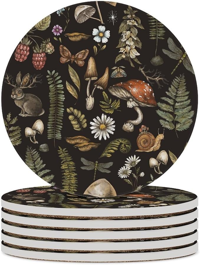 Round-6PCS Botanical Drink Coasters, Round Modern Ceramic Absorbent Coasters, Vintage Plant Botanical Cartoon Mushroom Flower Decor Desk Coffee Table Coaster for Beverage Cup Tea Coasters