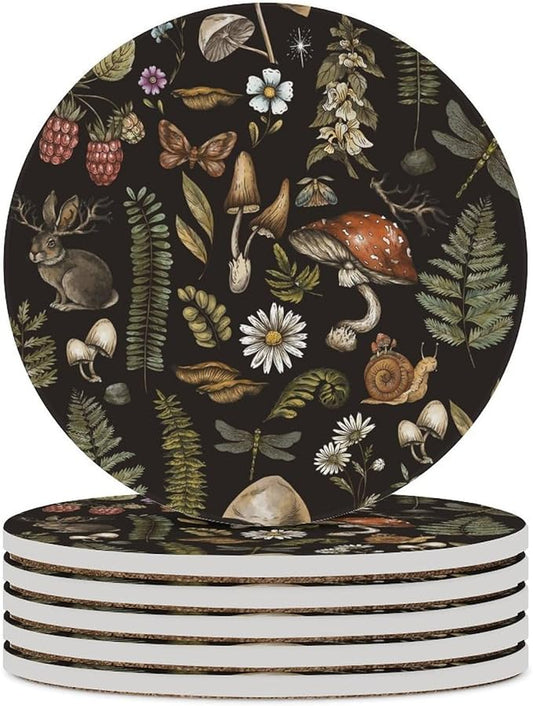 Round-6PCS Botanical Drink Coasters, Round Modern Ceramic Absorbent Coasters, Vintage Plant Botanical Cartoon Mushroom Flower Decor Desk Coffee Table Coaster for Beverage Cup Tea Coasters