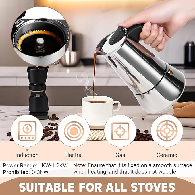 Suiitat Moka Pot, 6 Cups (10.6 oz) Stovetop Espresso Maker, 304 Stainless Steel Moka Pot, Induction Compatible, Silver
