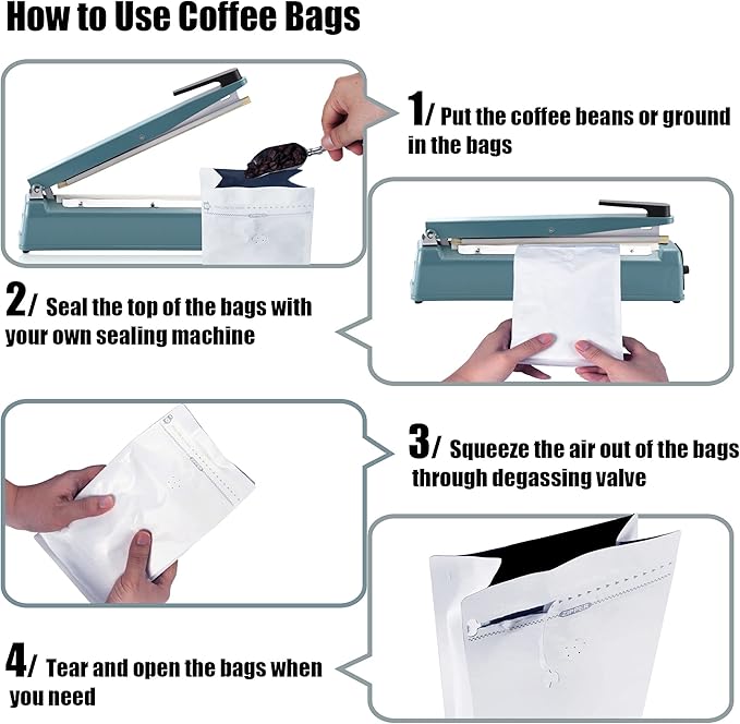 50 Pack Coffee Bags with Aluminum Foil and Degassing Valve, Resealable High Barrier Storage Bags, Odor-Proof for Coffee Beans, Stand Up Coffee Pouch, Flat Bottom (Small-8OZ, White)