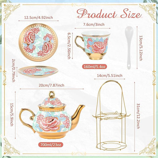 Zhehao 20 Pcs Porcelain Tea Set with Metal Holder and Spoon Adult Ceramic Tea Set European Flower Painting Teapot Cup Saucer Spoon for Women, Large Version(Vintage Style)