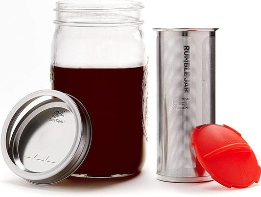 Rumble Jar - Next-Gen Cold Brew Coffee Maker for Mason Jars - 200 Micron Filter Is Ideal for Coarse Grounds & Stronger Coffee - Includes Filter + 32oz Mason Jar