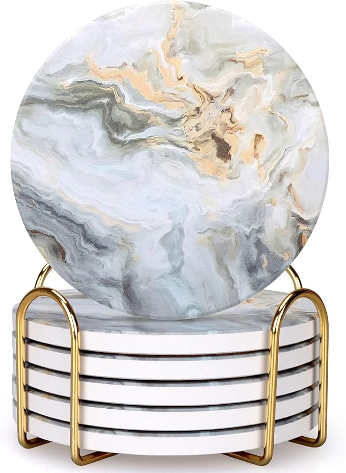 6 Pcs Grey Abstract Ceramic Coasters with Holder: 6 Round Modern Drink Coasters, Absorbent, Non-Slip, Gold Metal Holder