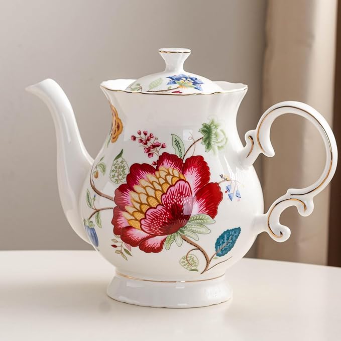 Jomop European Style Ceramic Flower Teapot Coffee Pot Water Pot Porcelain Gift Large 5.5 Cups (1, Blue and Red)