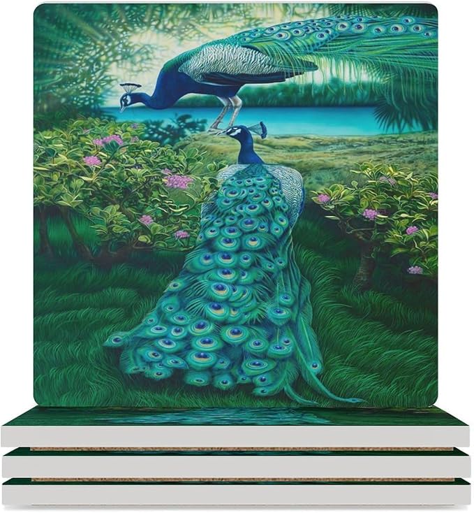 Square-4PCS Peacock Drink Coasters, Square Modern Ceramic Absorbent Coasters, Vintage Tree Branch Beautiful Plant Floral Green Peacock Decor Desk Coffee Table Coaster for Beverage Cup Tea Coasters