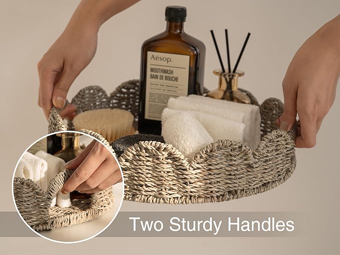 StorageWorks Round Wicker Scalloped Tray, Rattan Serving Trays with Handles, Seagrass Basket for Decorative & Organizing, 13" L x 13" W x 2.75" H