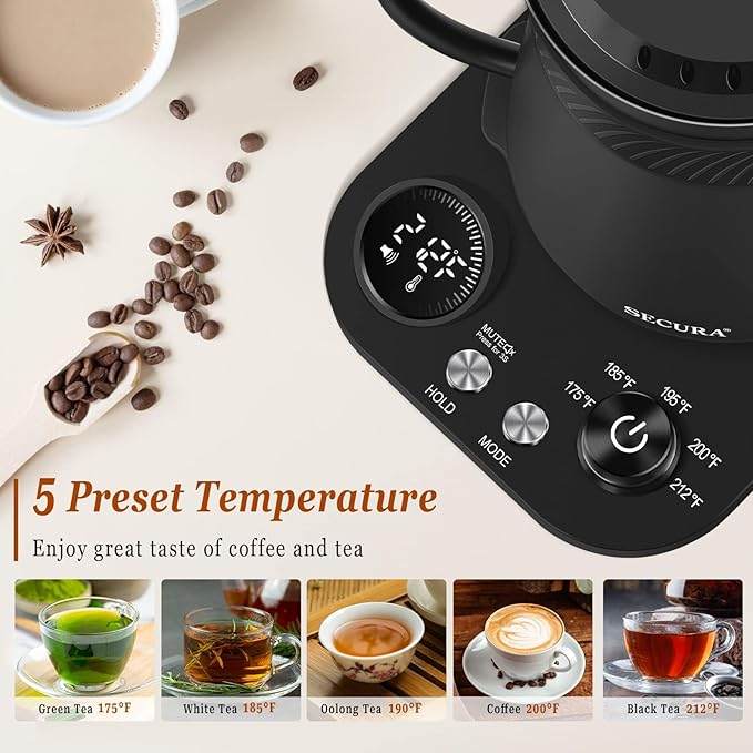 Secura Electric Gooseneck Kettle, 5 Variable Presets for Coffee Tea Brewing, 100% Stainless Steel Inner Tea/Coffee Kettle with 1.5H Keep Warm, 1200 Watt Quick Heating Pot, 0.8L, Matt Black
