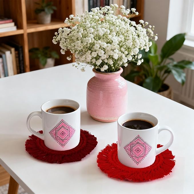 Whaline 4Pcs Boho Macrame Coasters Handmade Woven Drink Coasters Red Pink Farmhouse Cup Mat Pad for Home Kitchen Office Valentine's Day Party Table Decor