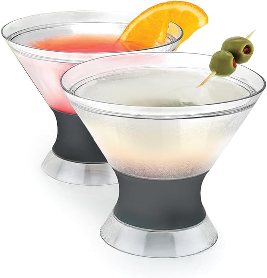 Host Freeze Insulated Martini Cooling Cups, Plastic Freezer Gel Chiller Double Wall Stemless Cocktail Glass Set of 2, 9 oz, Grey
