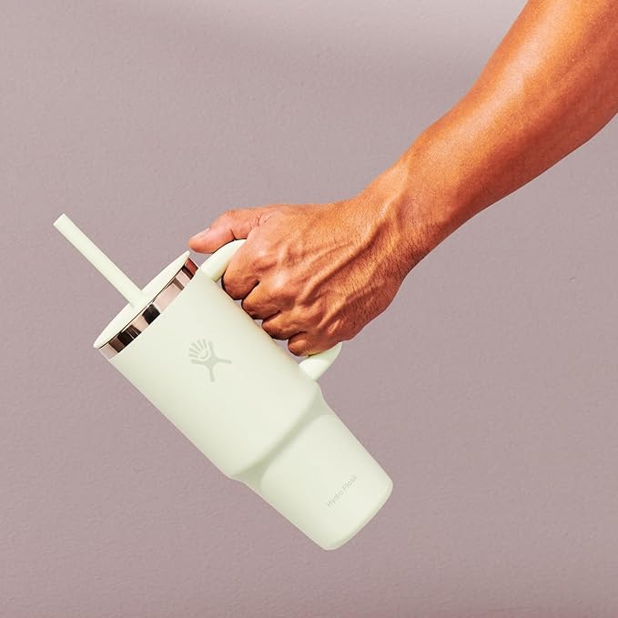 Hydro Flask Travel Tumbler with Handle, Lid and Straw - Insulated Stainless Steel in 24 Oz Aloe