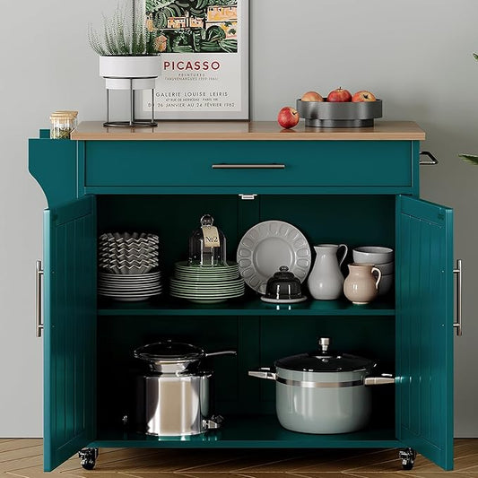 Wood Kitchen Island with Storage, Rolling Kitchen Island On Wheels, Mobile Island Trolley Cart Sideboard Cabinet with Towel Rack, Spice Rack, Adjustable Shelf, Wooden Top & Large Drawer, Dark Green