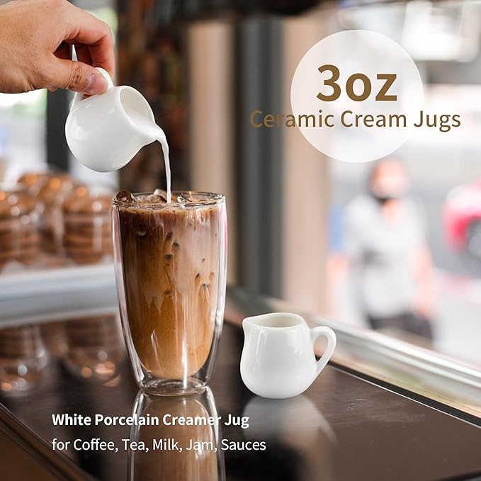 12PCS Mini Ceramic Creamer, 3 OZ Small Porcelain Creamer Pitcher, Small Syrup Pitcher, Coffee Creamer Pitcher, Creamer Dispenser, White Ceramic Pitcher for Coffee Tea Milk Sauce with Handle