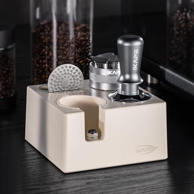 IKAPE 58mm Espresso Tamper Kit Silver 7 IN 1, Coffee Tamper Set comprising a Tamper, Distributor, Magnetic Dosing Funnel, Puck Screen, Station, WDT Tool, along with a Cleaning Towel and Brush