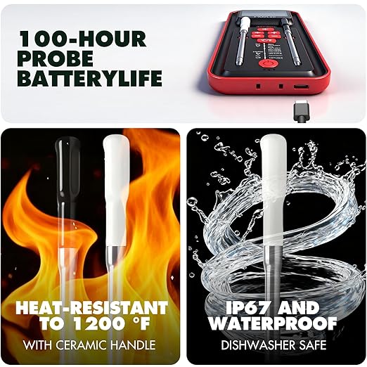 ChefLab AI Meat Thermometer Wireless, 500ft Long Range Smart Digital Bluetooth BBQ Thermometer for Grilling, Smoker, Oven, Kitchen Cooking (Dual Probe)