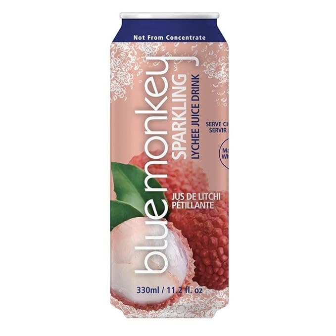 Blue Monkey Sparkling Lychee Juice - Real Fruit Juice, No Sugar Added, All Natural, Lightly Carbonated, Halal Certified - Refreshing Tropical Sparkling Water Alternative - 11.2oz (330ml) 12 Pack (11.2oz, Lychee Juice)