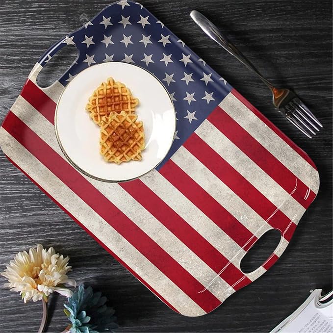 Serving Tray Decorative Tray with Handles Multi-Purpose Rectangular Serving Trays for Restaurant, Parties, Coffee Table, Kitchen - American Flag