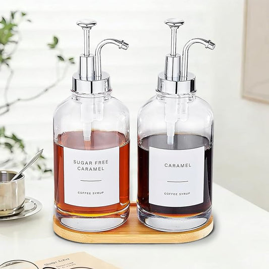 Coffee Syrup Dispenser Coffee Bar Accessories 16.9 oz Syrup Dispenser with Labels, Syrup Pump Dispenser for Coffee Bar(Silver Pump)