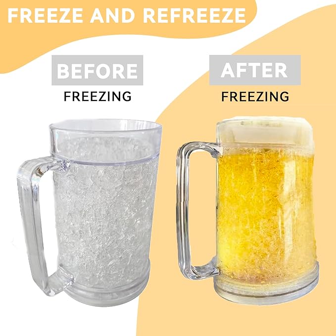 Lily's Home Freezer Beer Mugs with Handles, 16 oz Set of 4 – Clear Frosted Double Wall Insulated Acrylic, Gel-Filled, Break-Resistant for Home Bar, Pool Parties, BBQ & Outdoor
