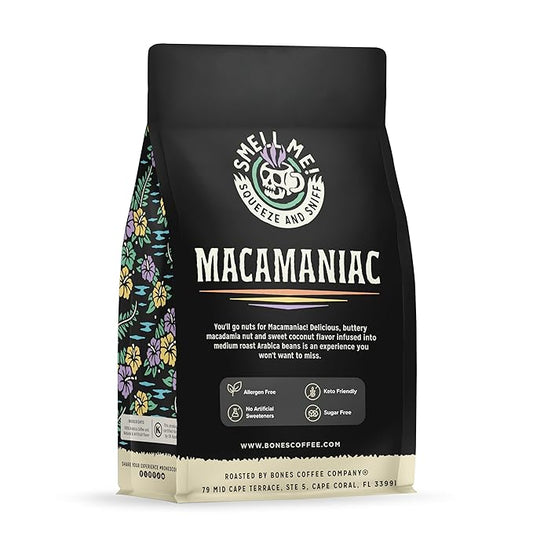 Bones Coffee Company Macamaniac, Macadamia and Coconut Flavored Coffee, Medium Roast Low Acid Arabica Beans Compatible with Auto drip and French Press Coffee Maker, 12 Oz Ground