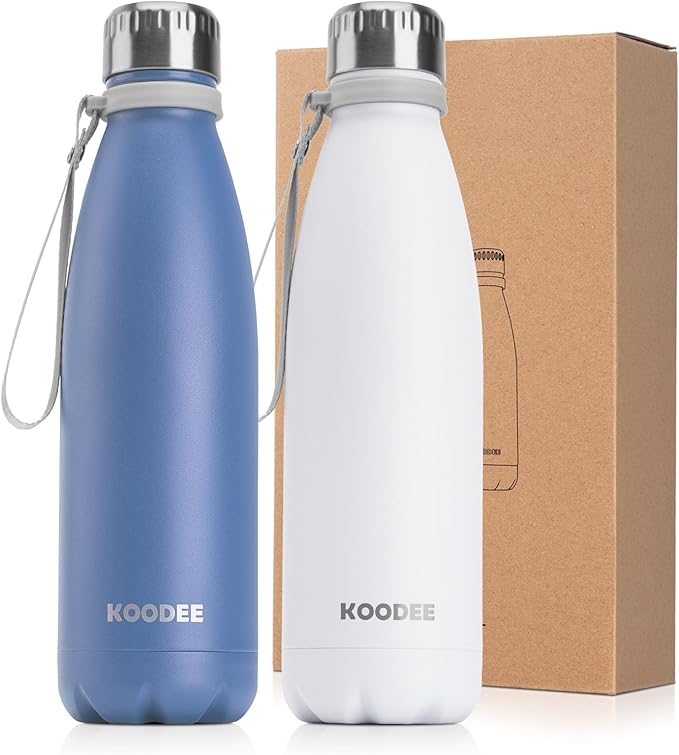koodee Insulated Water Bottle (2 Pack) 17 oz Stainless Steel Double Wall Vacuum Insulated Water Bottle, Cola Shape Leak Proof Sports Flask (Royal Blue-White)