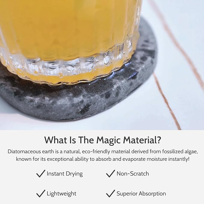 Magic Coasters – Absorbent Stone Coaster Set of 4 for Drinks, Diatomaceous Earth, Table Slip Proof with Sturdy Cork Bottom, Stylish and Sustainable Drink Holder (Midnight Peak)