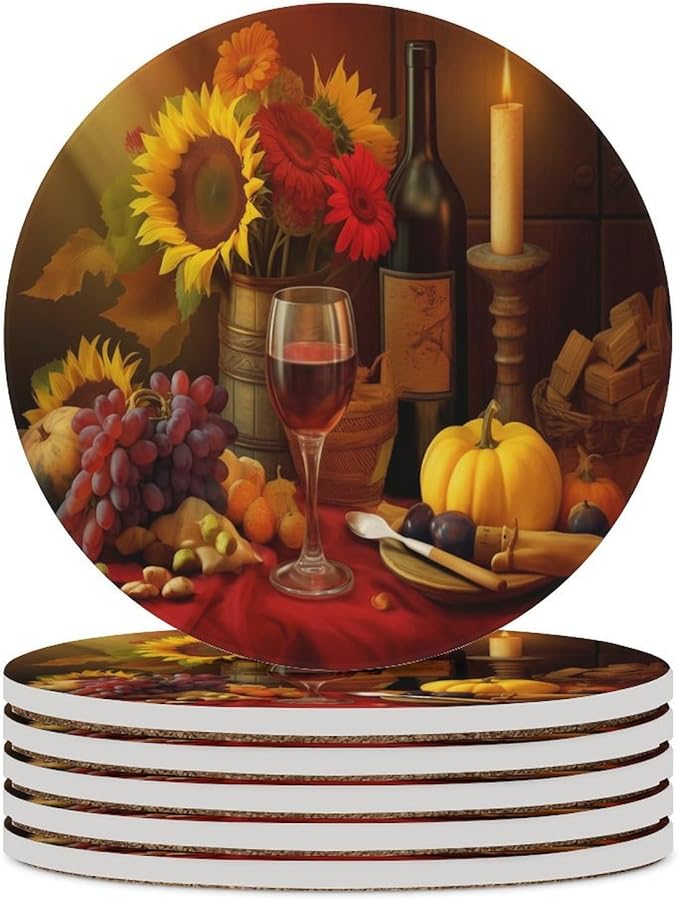 Round-6PCS Red Wine Drink Coasters, Round Modern Ceramic Absorbent Coasters, Retro Wood Red Wine Fruit Grapes Fruit Floral Sunflower Decor Desk Coffee Table Coaster for Beverage Cup Tea Coasters
