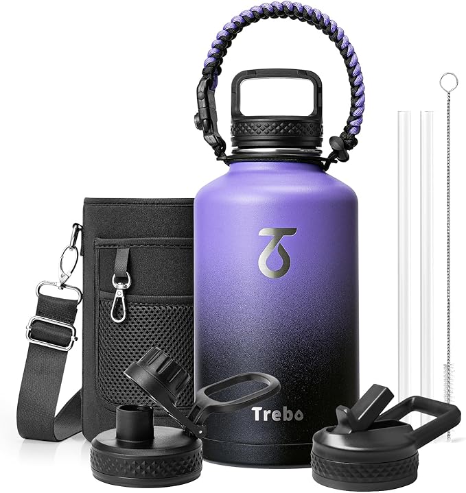 Trebo Water Bottle 64oz with Paracord Handle, Half Gallon Large Vacuum Double Wall Stainless Steel Insulated Water Jug with Holder Strap Straw Spout Lids, Leakproof Keep Cold & Hot,Dark Purple