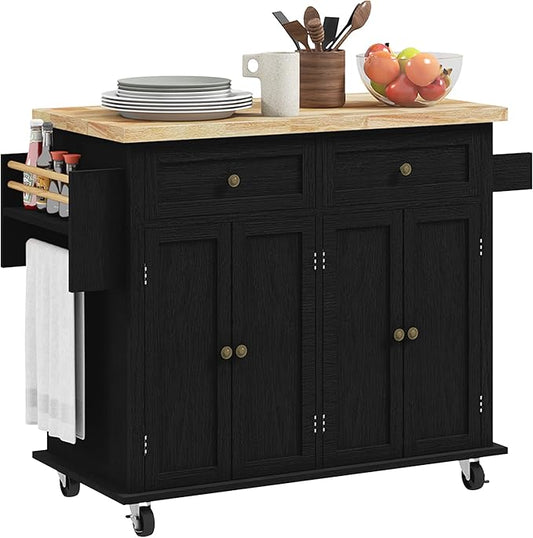 HOMCOM Kitchen Island Cart with Rubber Wood Top, Rolling Kitchen Island Table on Wheels with Drawers, Adjustable Shelves, Spice Rack and Towel Rack for Dining Room, Distressed Black