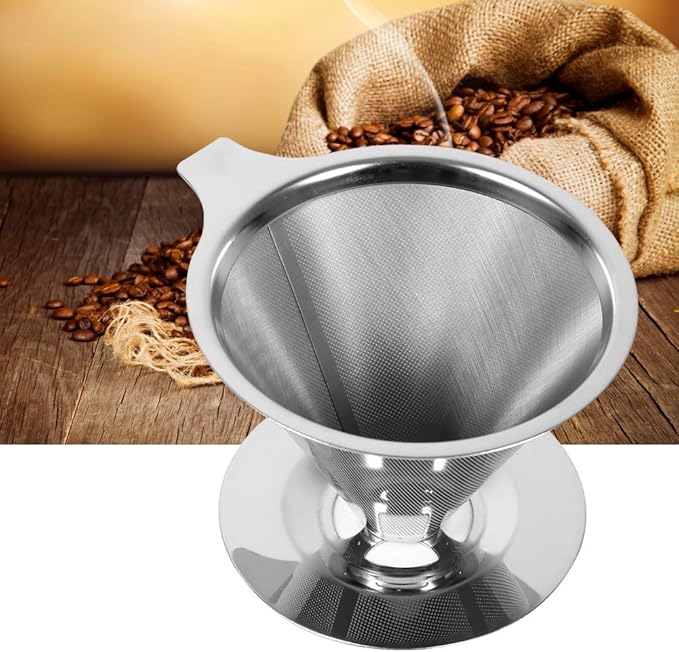 Pour Over Coffee Dripper, Cone Paperless Stainless Steel Coffee Filter with Non Slip Cup Stand Double Layer Reusable Mesh Coffee Maker for Home Office Traveling Camping