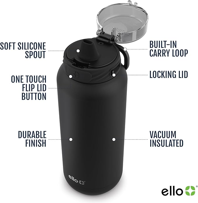 Ello Cooper 32oz Stainless Steel Water Bottle Vacuum Insulated with Straw and Carry Handle, Leak Proof Locking Lid with Soft Silicone Spout, Dishwasher Safe, Figgy Pudding