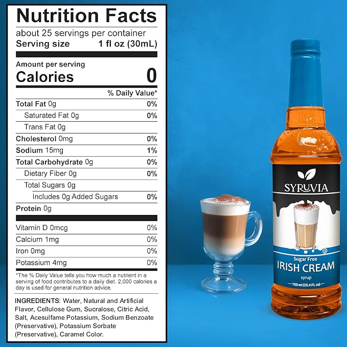 Syruvia Sugar Free Coffee Syrup, Irish Cream Flavored Syrup for Drinks, Lattes, and Desserts – 25.4 fl oz, With Pump