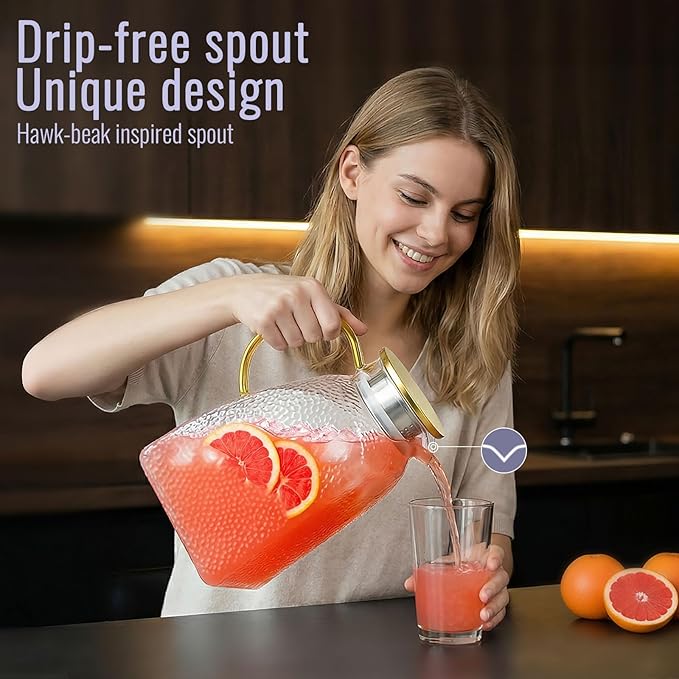 Glass Pitcher With Lid and Spout, 1.8 Liter 60 oz Glass Pitchers With Handle And Lid, Jug Water Pitchers For Fridge, Carafe Jar for Hot/Cold Water Iced Tea Juice Coffee Milk Beverage