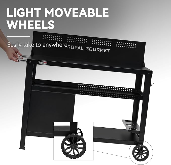 Royal Gourmet PC4401B 3-Tier Dining Cart with Wind Guard, Sturdy Structure and Ample Storage Shelves, for Indoor & Outdoor use，with Bottle Opener, Hooks, Wine Rack, Multifunctional Side Handle, Black