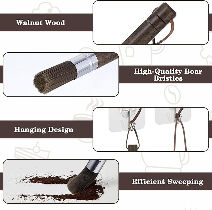 2 PCS Coffee Grinder Cleaning Brush with Natural Wood Walnut Handle and Natural Boar Bristle Espresso Machine Cleaner Tool Barista Brush with Hanging Loop Accessories for Coffee Bar Home