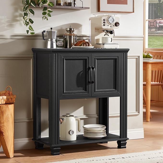 Farmhouse Coffee Bar Table with 2-Door Cabinet, Kitchen Storage Cabinets with Open Shelf, Coffee Station for Dining Room, Kitchen, Hallway, Living Room, Black