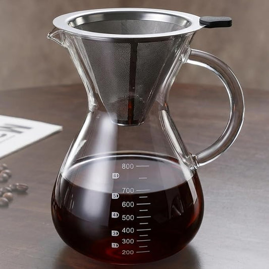 Pour Over Coffee Maker - Borosilicate Glass Carafe - Reusable Stainless Steel Filter Paperless Dripper - For Home & Office & Resteraunt & Camping (27, ounces)