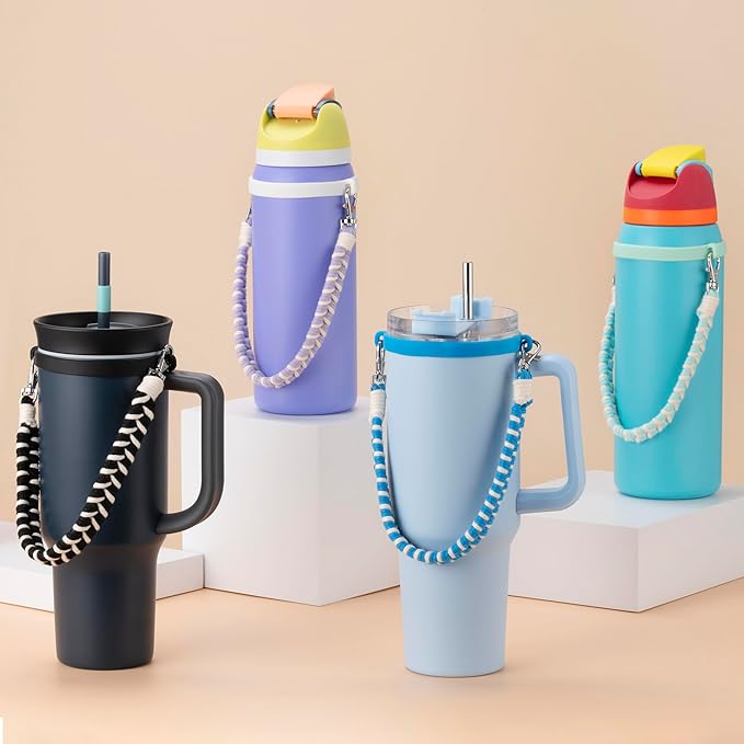 Water Bottle Handle, Hand-Woven Lanyards Silicone Water Bottle Sling, Carrier, Holder with Strap Compatible 8-40oz Stanley Cup Hydroflask Bottle Accessories-Black