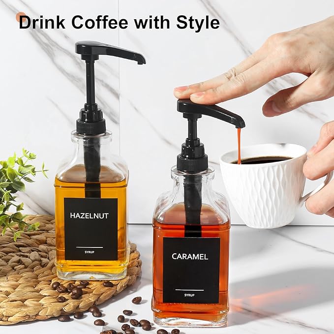 GMISUN Coffee Syrup Dispenser, 16.9 fl oz Syrup Pump Dispenser for Coffee Bar Accessories, Square Glass Syrup Bottle for Coffee Bar Essentials, Simple Maple Syrup Bottles with ¼oz Large Capacity Pump