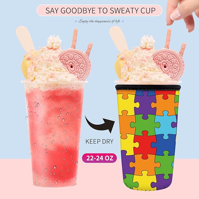 Reusable Neoprene Insulator Sleeve for Iced Coffee Cups, Medium 22-28oz Durable Drink Sleeve for Cold Beverages, Cute Beverage Holder Cup Sleeve for Women Men Cute Jigsaw
