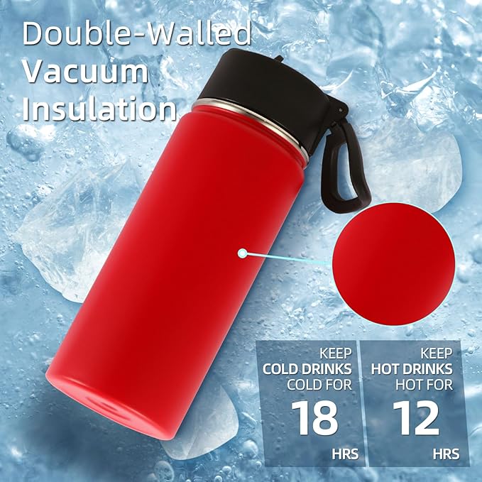 Volhoply 16 OZ Kids Water Bottle Bulk 8 Pack,Insulated Sports Bottles with Straw Lid,Stainless Steel Bottle with Handle Keep Cold & Hot,Double Wall Vacuum Tumbler Cups for School,Girls(Red, 8)