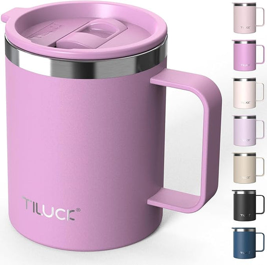 TILUCK 12 oz Insulated Coffee Mug with Lid,Stainless Steel Travel Mug Cup with Handle for Hot or Cold Drinks (Lilac, 12oz)